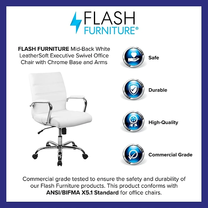 Flash Furniture Mid-Back Leather Executive Swivel Office Chair With Chrome Arms, White (GO-2286M-WH-GG) 6 Flash Furniture Mid-Back Leather Executive Swivel Office Chair With Chrome Arms, White (GO-2286M-WH-GG) - Image 4