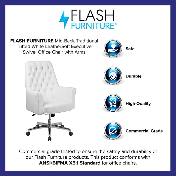 Flash Furniture Mid-Back Traditional Tufted Executive Swivel Chair With Arms (BT444MIDWH) 6 Flash Furniture Mid-Back Traditional Tufted Executive Swivel Chair With Arms (BT444MIDWH) - Image 4