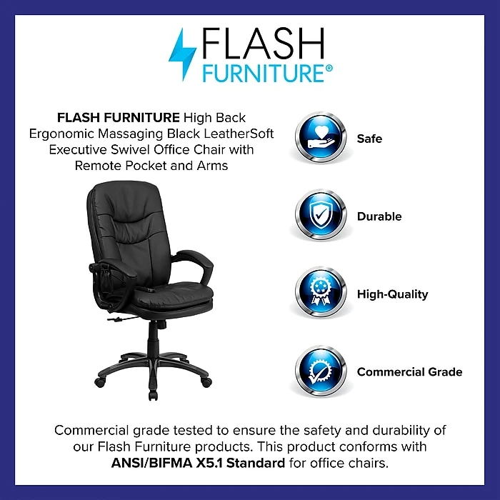 Flash Furniture Mid-Back Massaging Leather Executive Office Chair With Padded Loop Arms, Black 6 Flash Furniture Mid-Back Massaging Leather Executive Office Chair With Padded Loop Arms, Black - Image 4