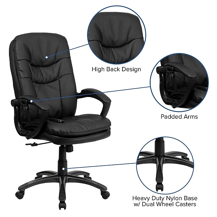 Flash Furniture Mid-Back Massaging Leather Executive Office Chair With Padded Loop Arms, Black 8 Flash Furniture Mid-Back Massaging Leather Executive Office Chair With Padded Loop Arms, Black - Image 6