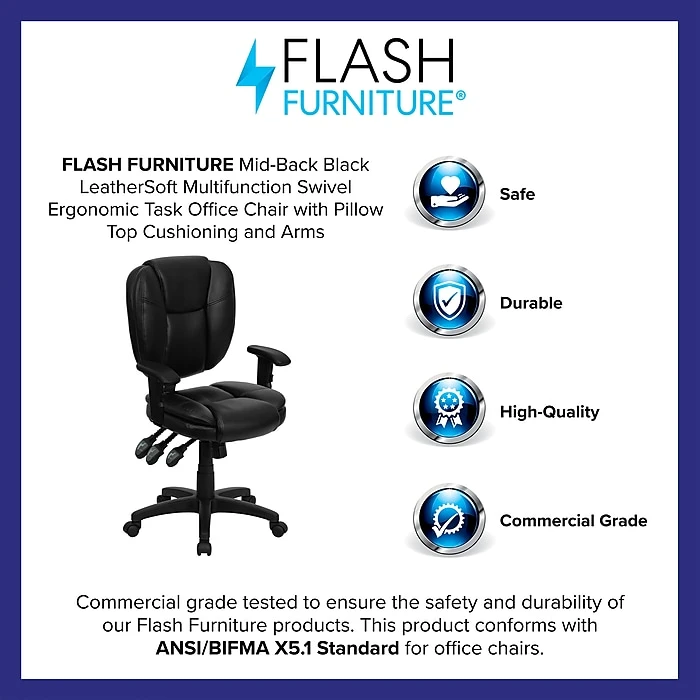 Flash Furniture Leather/Faux Leather Task Chair, Black (GO-930F-BK-LEA-ARMS-GG) 5 Flash Furniture Leather/Faux Leather Task Chair, Black (GO-930F-BK-LEA-ARMS-GG) - Image 3