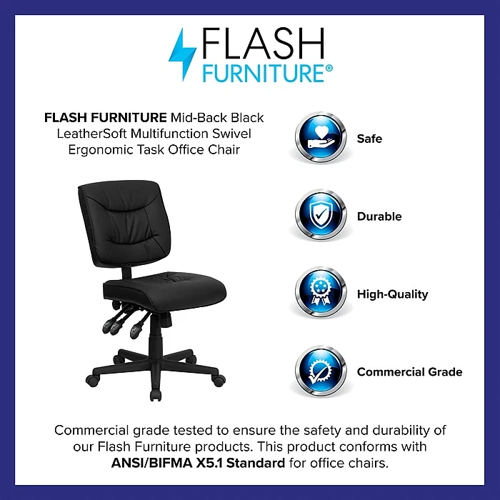 Flash Furniture Mid Back Leather Multi-Functional Task Chair, Black 6 Flash Furniture Mid Back Leather Multi-Functional Task Chair, Black - Image 4