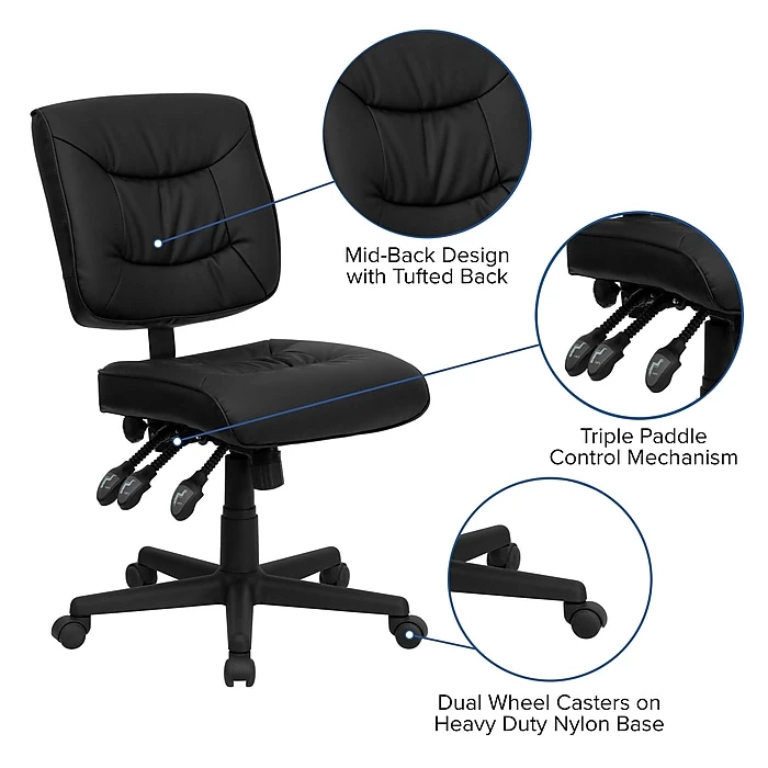 Flash Furniture Mid Back Leather Multi-Functional Task Chair, Black 7 Flash Furniture Mid Back Leather Multi-Functional Task Chair, Black - Image 5
