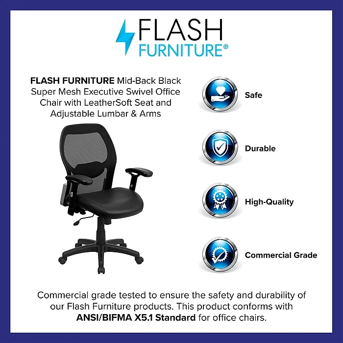 Flash Furniture Mid Back Super Mesh Office Chair With Black Italian Leather Seat, Black 5 Flash Furniture Mid Back Super Mesh Office Chair With Black Italian Leather Seat, Black - Image 3